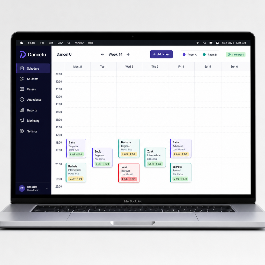 Preview of a weekly schedule with multiple rooms and leader/follower balance